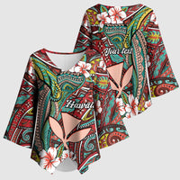Personalised Hawaii Tribal Humpback Whale Kimono Sleeve Blouse Ulaula Hibiscus Seamless Pattern LT9 - Polynesian Pride