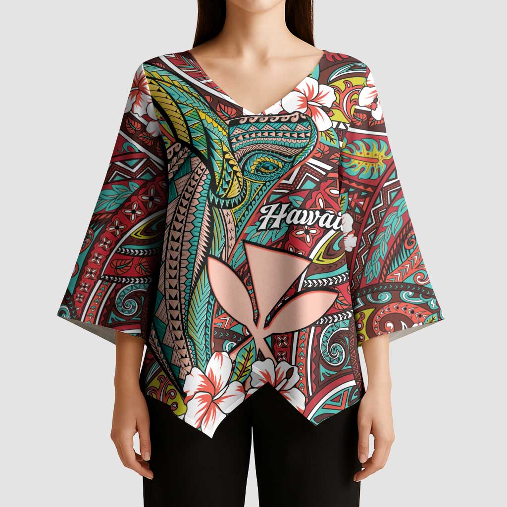 Personalised Hawaii Tribal Humpback Whale Kimono Sleeve Blouse Ulaula Hibiscus Seamless Pattern LT9 - Polynesian Pride