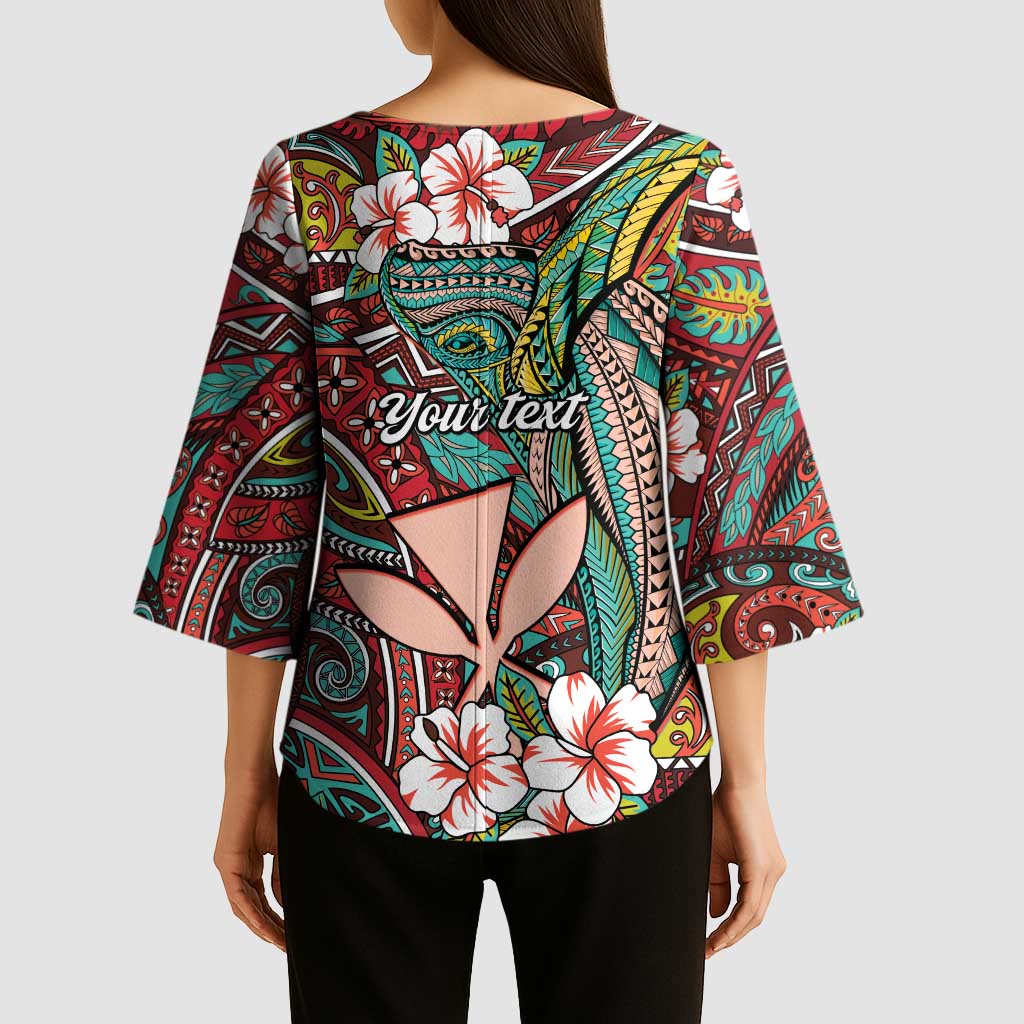 Personalised Hawaii Tribal Humpback Whale Kimono Sleeve Blouse Ulaula Hibiscus Seamless Pattern LT9 - Polynesian Pride