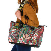 Personalised Hawaii Tribal Humpback Whale Leather Tote Bag Ulaula Hibiscus Seamless Pattern LT9 Red - Polynesian Pride