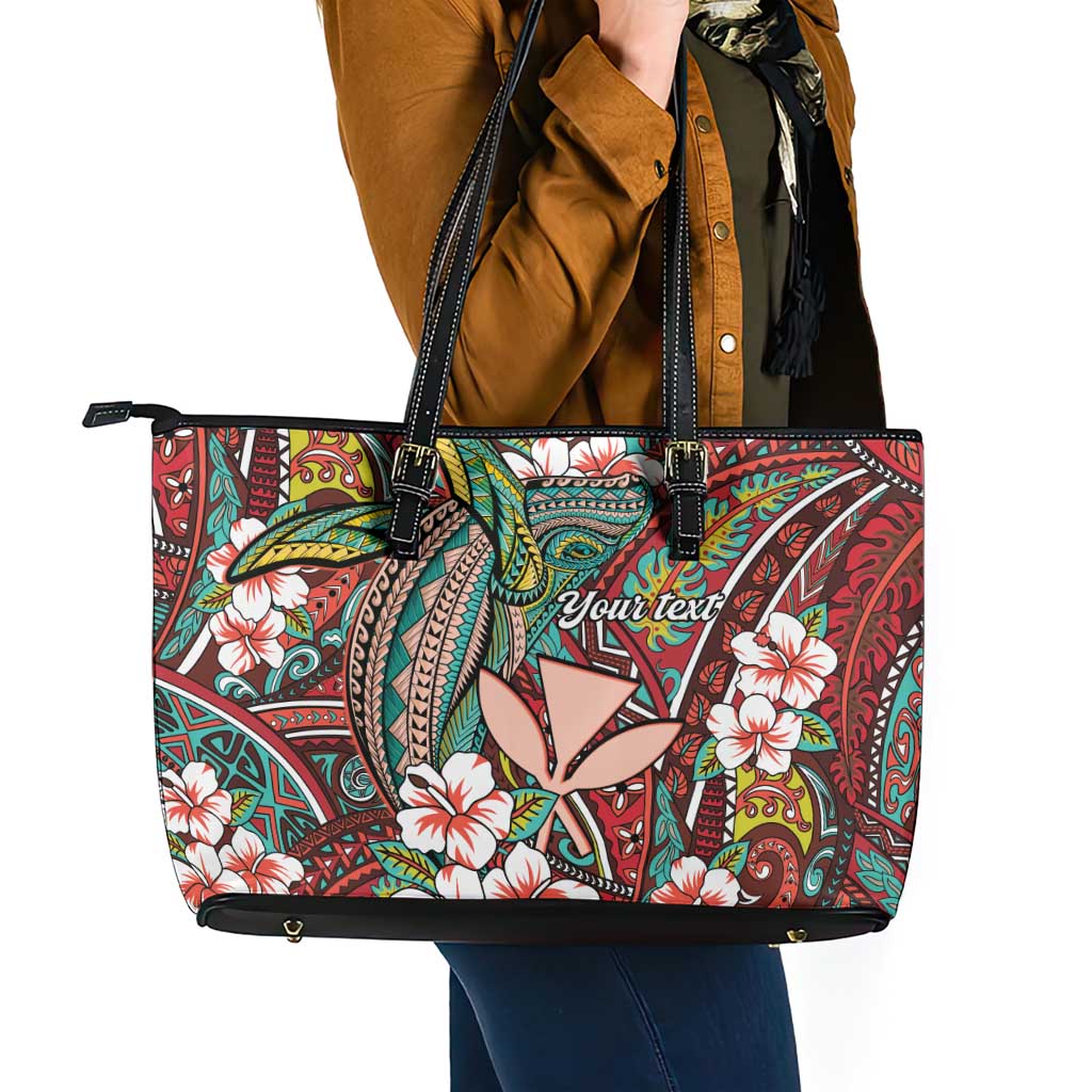 Personalised Hawaii Tribal Humpback Whale Leather Tote Bag Ulaula Hibiscus Seamless Pattern LT9 - Polynesian Pride