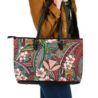 Personalised Hawaii Tribal Humpback Whale Leather Tote Bag Ulaula Hibiscus Seamless Pattern LT9 - Polynesian Pride