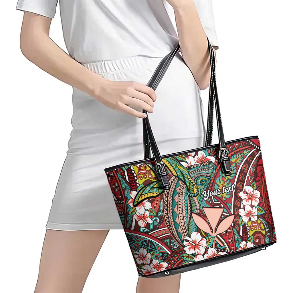 Personalised Hawaii Tribal Humpback Whale Leather Tote Bag Ulaula Hibiscus Seamless Pattern LT9 - Polynesian Pride