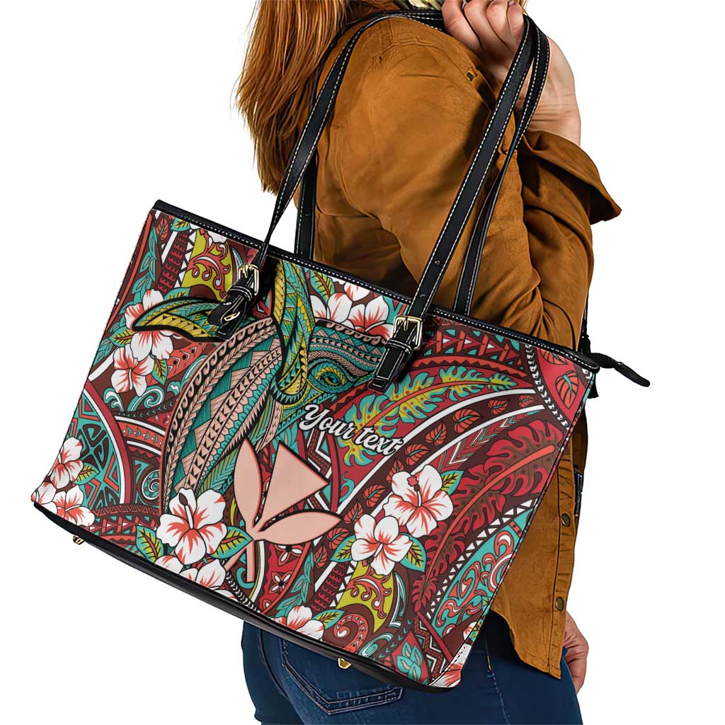 Personalised Hawaii Tribal Humpback Whale Leather Tote Bag Ulaula Hibiscus Seamless Pattern LT9 - Polynesian Pride