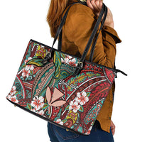Personalised Hawaii Tribal Humpback Whale Leather Tote Bag Ulaula Hibiscus Seamless Pattern LT9 - Polynesian Pride