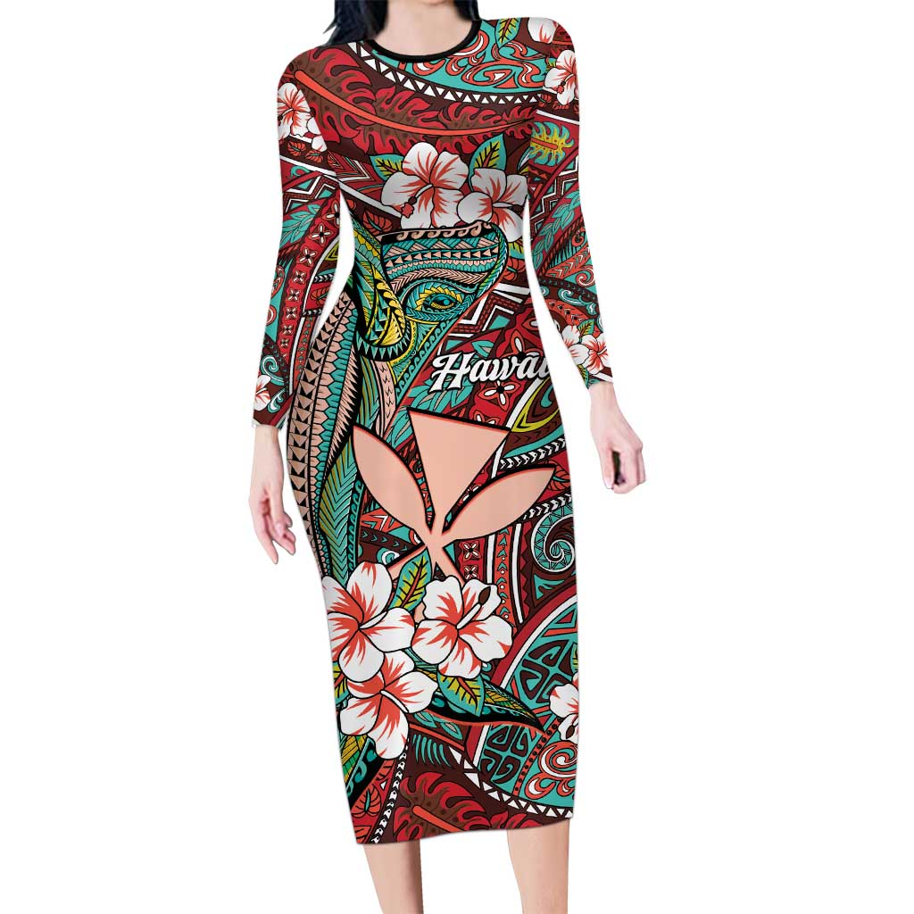 Personalised Hawaii Tribal Humpback Whale Long Sleeve Bodycon Dress Ulaula Hibiscus Seamless Pattern LT9 Long Dress Red - Polynesian Pride