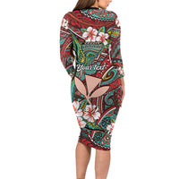 Personalised Hawaii Tribal Humpback Whale Long Sleeve Bodycon Dress Ulaula Hibiscus Seamless Pattern LT9 - Polynesian Pride
