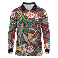 Personalised Hawaii Tribal Humpback Whale Long Sleeve Polo Shirt Ulaula Hibiscus Seamless Pattern LT9 Red - Polynesian Pride