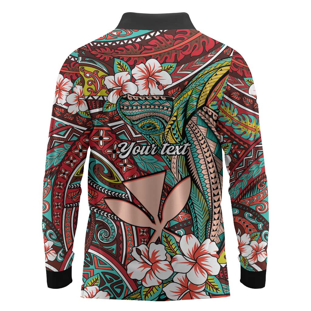 Personalised Hawaii Tribal Humpback Whale Long Sleeve Polo Shirt Ulaula Hibiscus Seamless Pattern LT9 - Polynesian Pride