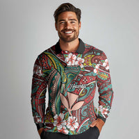 Personalised Hawaii Tribal Humpback Whale Long Sleeve Polo Shirt Ulaula Hibiscus Seamless Pattern LT9 - Polynesian Pride