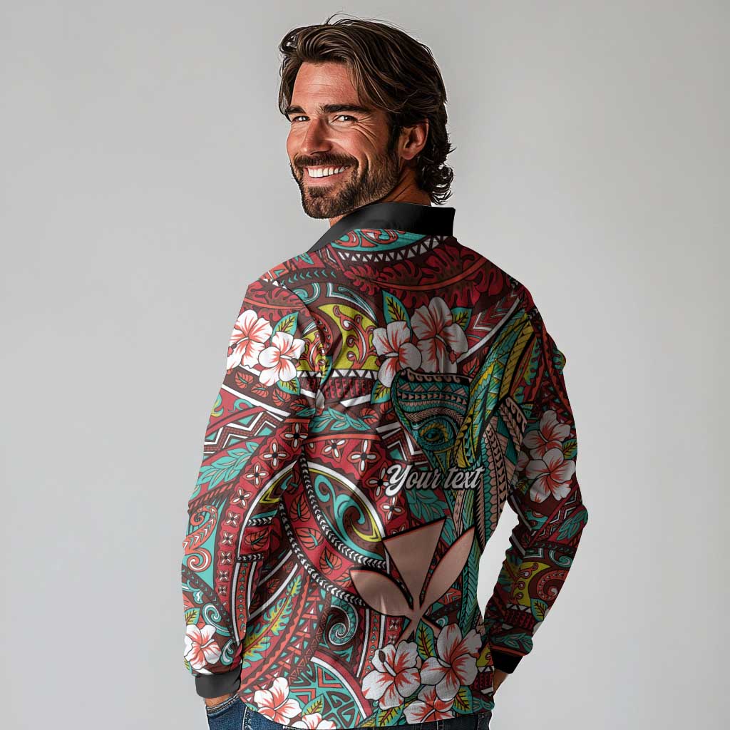Personalised Hawaii Tribal Humpback Whale Long Sleeve Polo Shirt Ulaula Hibiscus Seamless Pattern LT9 - Polynesian Pride