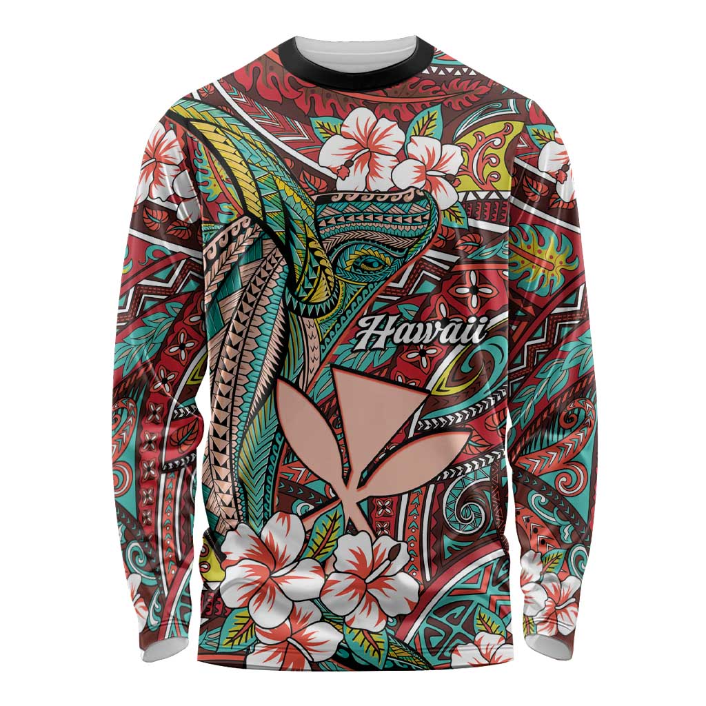 Personalised Hawaii Tribal Humpback Whale Long Sleeve Shirt Ulaula Hibiscus Seamless Pattern LT9 Unisex Red - Polynesian Pride