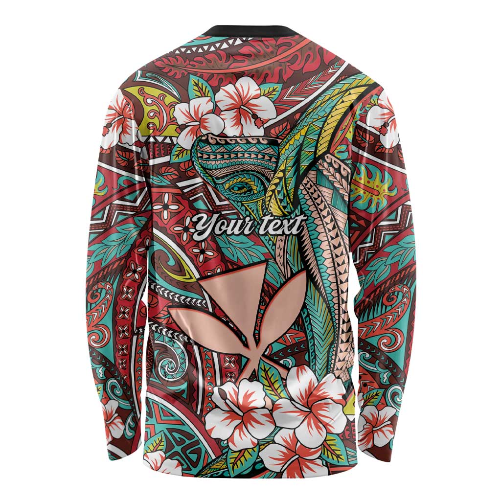 Personalised Hawaii Tribal Humpback Whale Long Sleeve Shirt Ulaula Hibiscus Seamless Pattern LT9 - Polynesian Pride