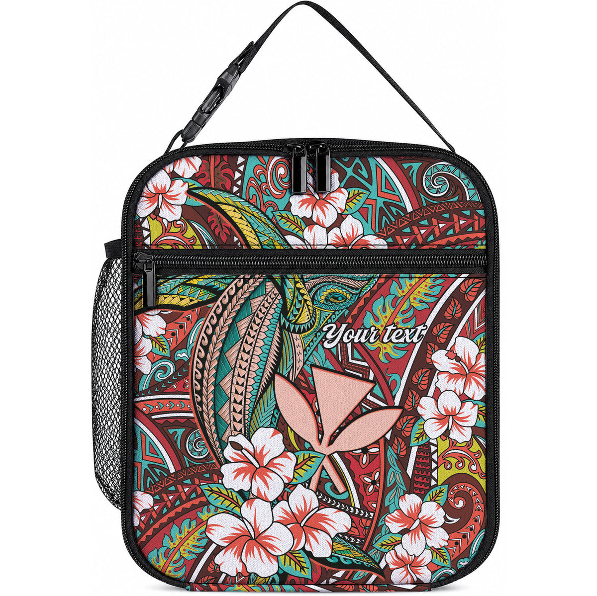 Personalised Hawaii Tribal Humpback Whale Lunch Bag Ulaula Hibiscus Seamless Pattern LT9 10.2 × 8.3 × 4.3 inch Blue - Polynesian Pride