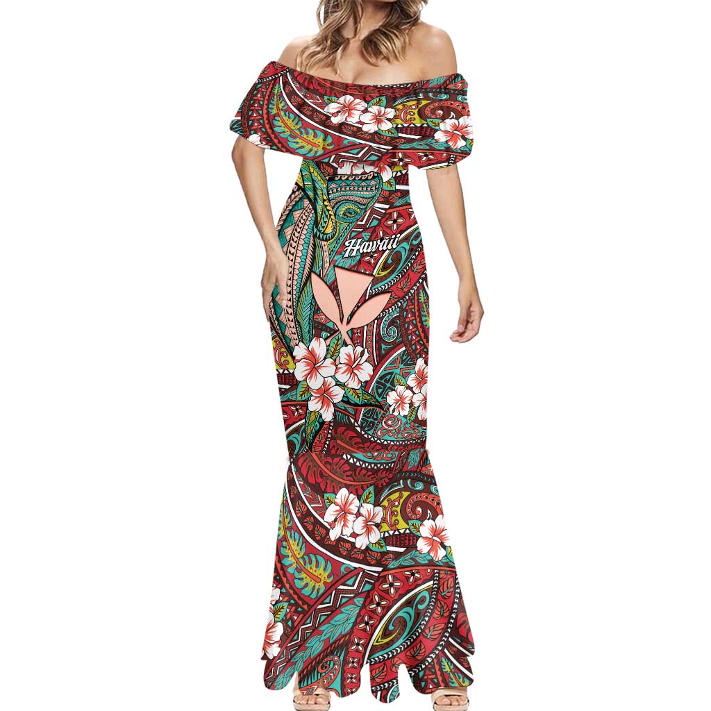 Personalised Hawaii Tribal Humpback Whale Mermaid Dress Ulaula Hibiscus Seamless Pattern
