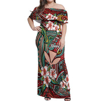 Personalised Hawaii Tribal Humpback Whale Off Shoulder Maxi Dress Ulaula Hibiscus Seamless Pattern LT9 Women Red - Polynesian Pride
