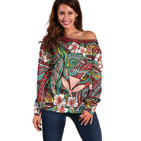 Personalised Hawaii Tribal Humpback Whale Off Shoulder Sweater Ulaula Hibiscus Seamless Pattern LT9 Women Red - Polynesian Pride