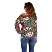 Personalised Hawaii Tribal Humpback Whale Off Shoulder Sweater Ulaula Hibiscus Seamless Pattern LT9 - Polynesian Pride