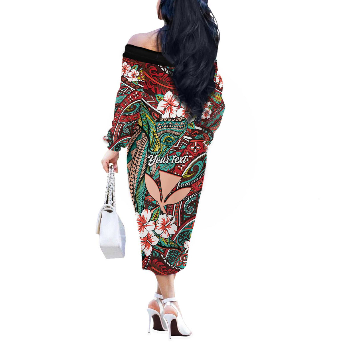 Personalised Hawaii Tribal Humpback Whale Off The Shoulder Long Sleeve Dress Ulaula Hibiscus Seamless Pattern LT9 - Polynesian Pride