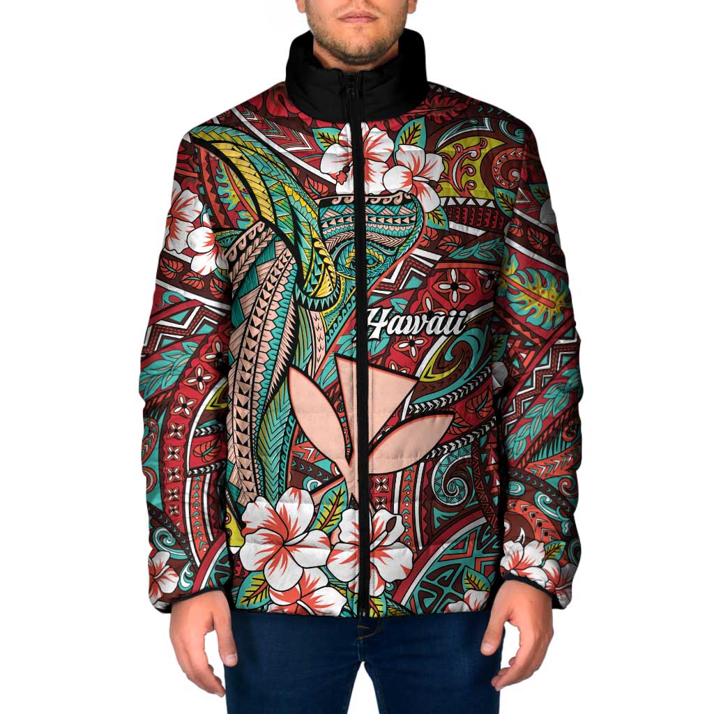 Personalised Hawaii Tribal Humpback Whale Padded Jacket Ulaula Hibiscus Seamless Pattern LT9 Men Red - Polynesian Pride