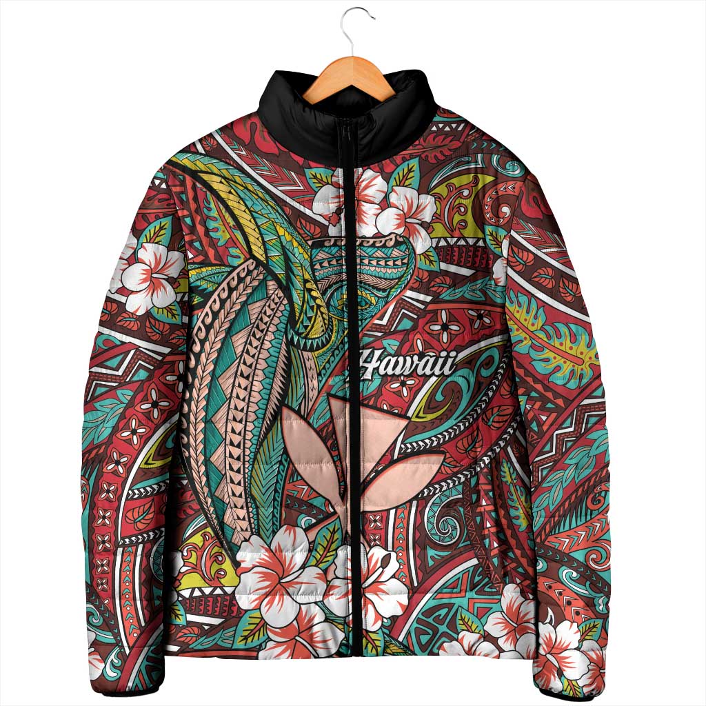 Personalised Hawaii Tribal Humpback Whale Padded Jacket Ulaula Hibiscus Seamless Pattern LT9 - Polynesian Pride