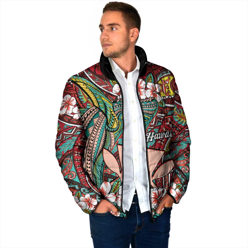 Personalised Hawaii Tribal Humpback Whale Padded Jacket Ulaula Hibiscus Seamless Pattern LT9 - Polynesian Pride