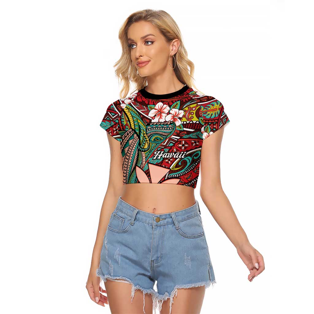Personalised Hawaii Tribal Humpback Whale Raglan Cropped T Shirt Ulaula Hibiscus Seamless Pattern LT9 Female Red - Polynesian Pride