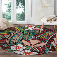Personalised Hawaii Tribal Humpback Whale Round Carpet Ulaula Hibiscus Seamless Pattern