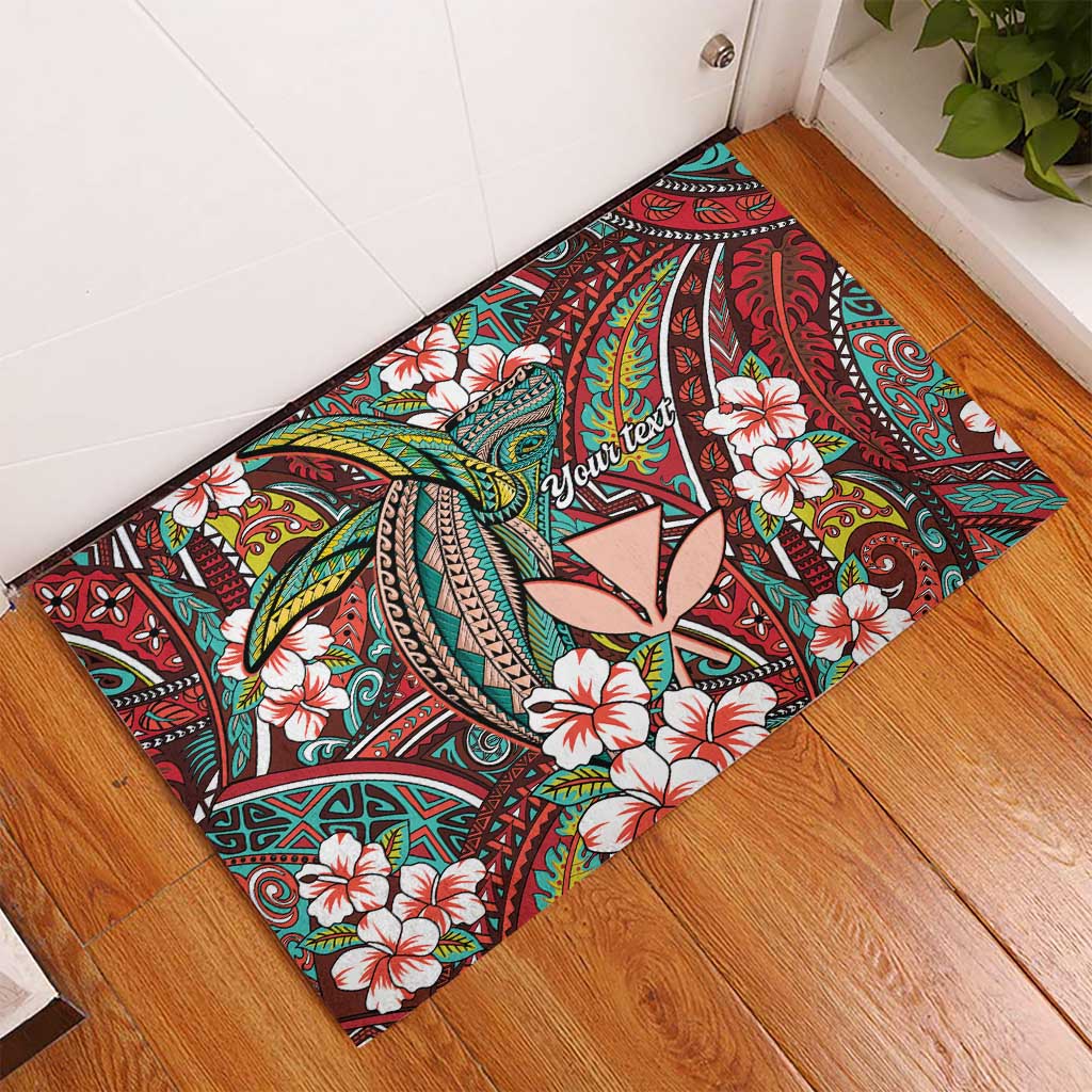 Personalised Hawaii Tribal Humpback Whale Rubber Doormat Ulaula Hibiscus Seamless Pattern LT9 - Polynesian Pride