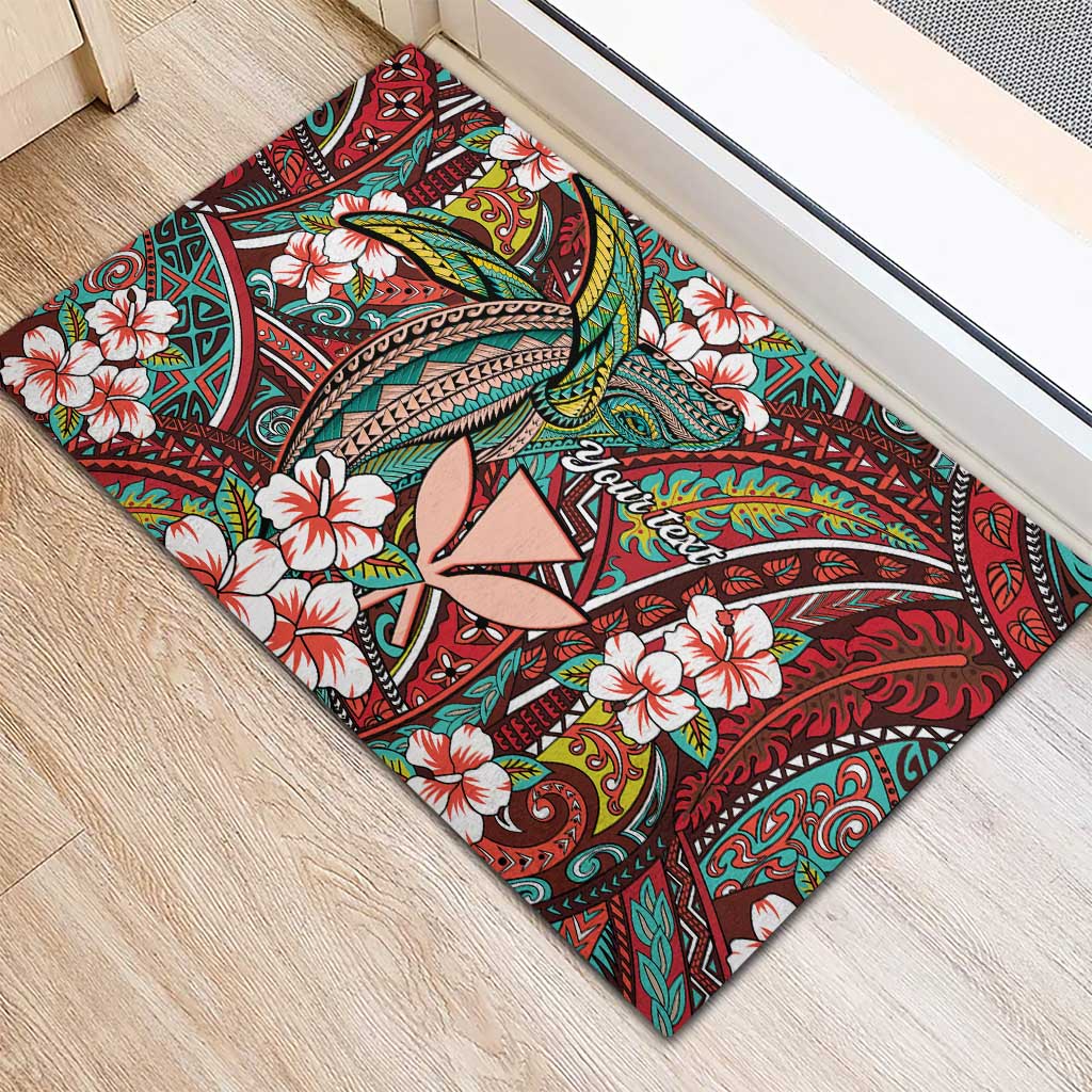 Personalised Hawaii Tribal Humpback Whale Rubber Doormat Ulaula Hibiscus Seamless Pattern LT9 - Polynesian Pride