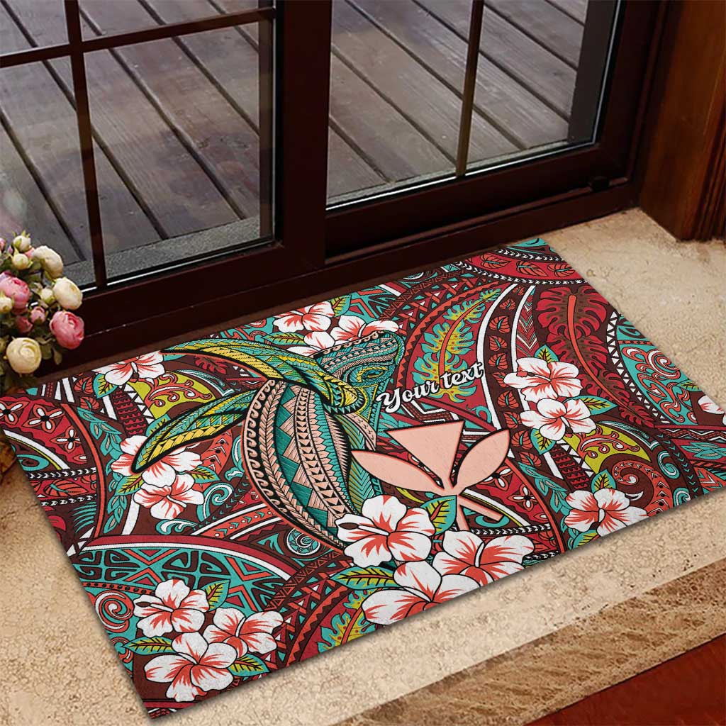 Personalised Hawaii Tribal Humpback Whale Rubber Doormat Ulaula Hibiscus Seamless Pattern LT9 - Polynesian Pride