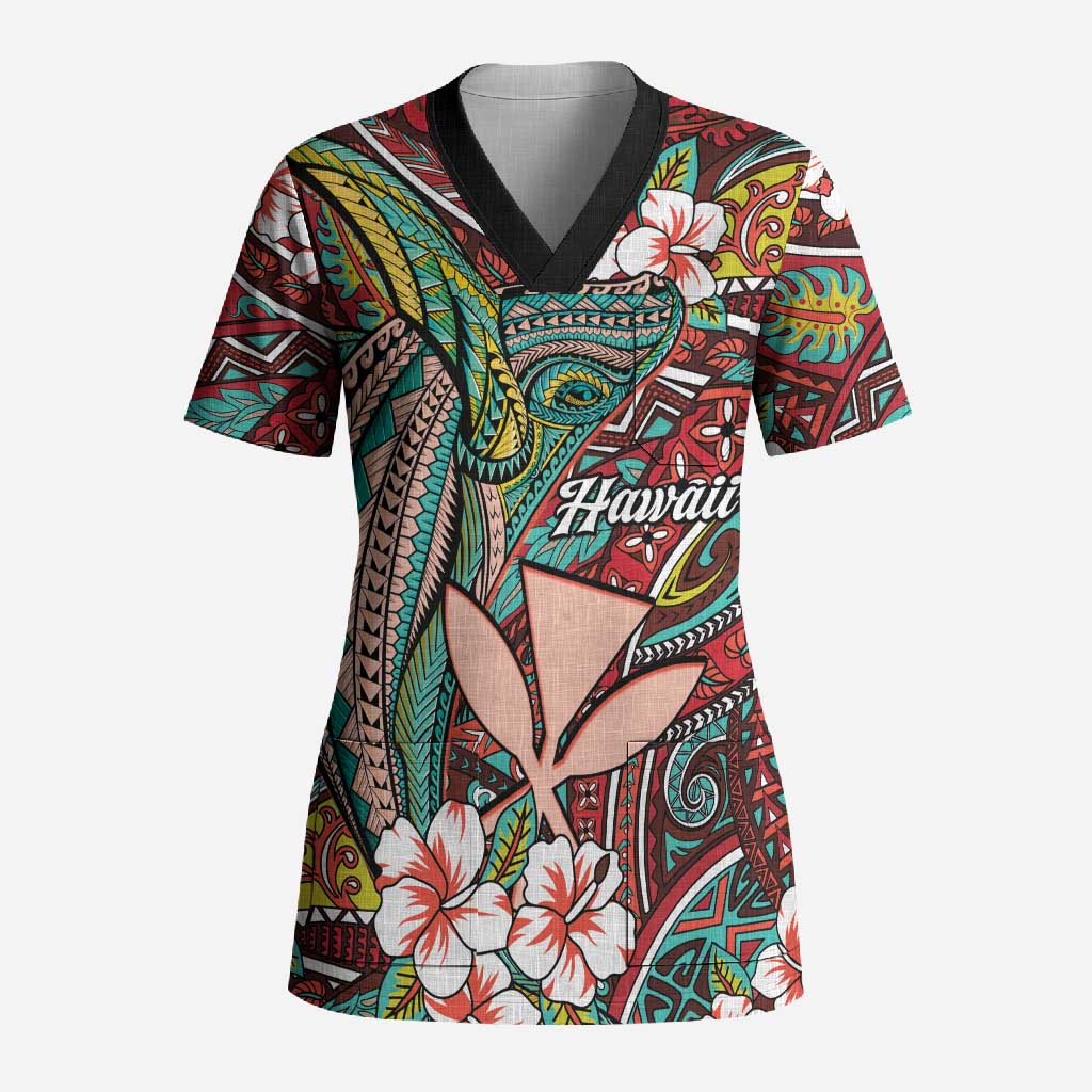 Personalised Hawaii Tribal Humpback Whale Scrub Top Ulaula Hibiscus Seamless Pattern LT9 Adult Red - Polynesian Pride