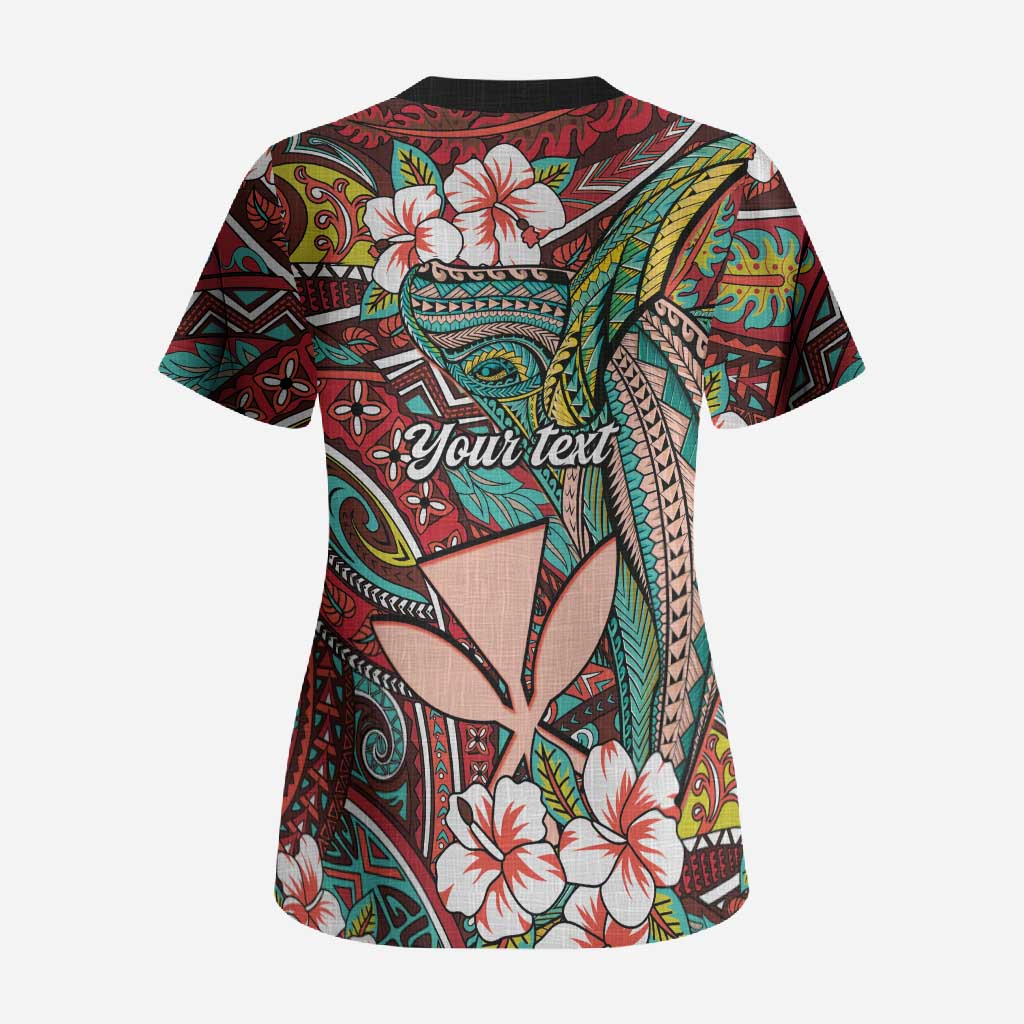 Personalised Hawaii Tribal Humpback Whale Scrub Top Ulaula Hibiscus Seamless Pattern LT9 - Polynesian Pride