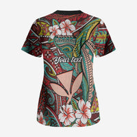 Personalised Hawaii Tribal Humpback Whale Scrub Top Ulaula Hibiscus Seamless Pattern LT9 - Polynesian Pride