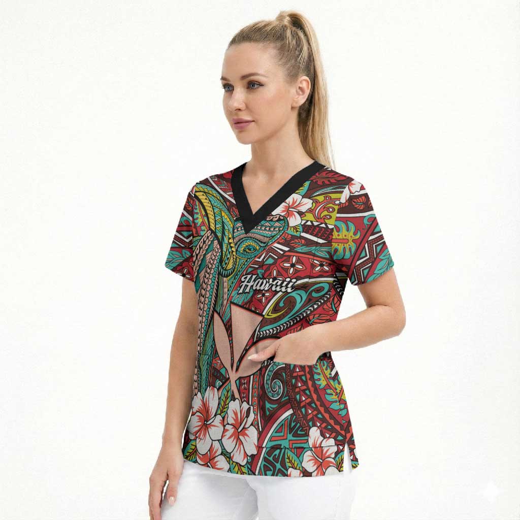 Personalised Hawaii Tribal Humpback Whale Scrub Top Ulaula Hibiscus Seamless Pattern LT9 - Polynesian Pride
