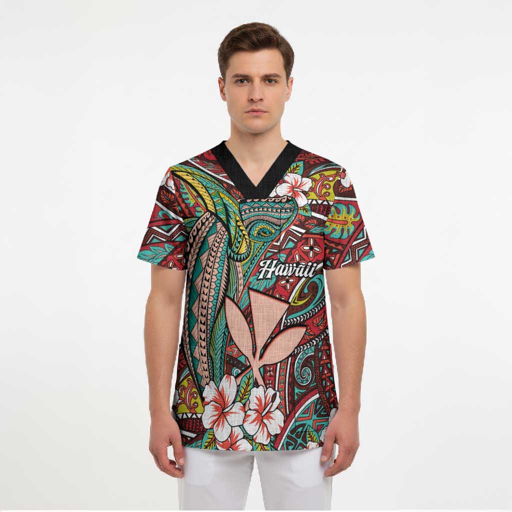 Personalised Hawaii Tribal Humpback Whale Scrub Top Ulaula Hibiscus Seamless Pattern LT9 - Polynesian Pride