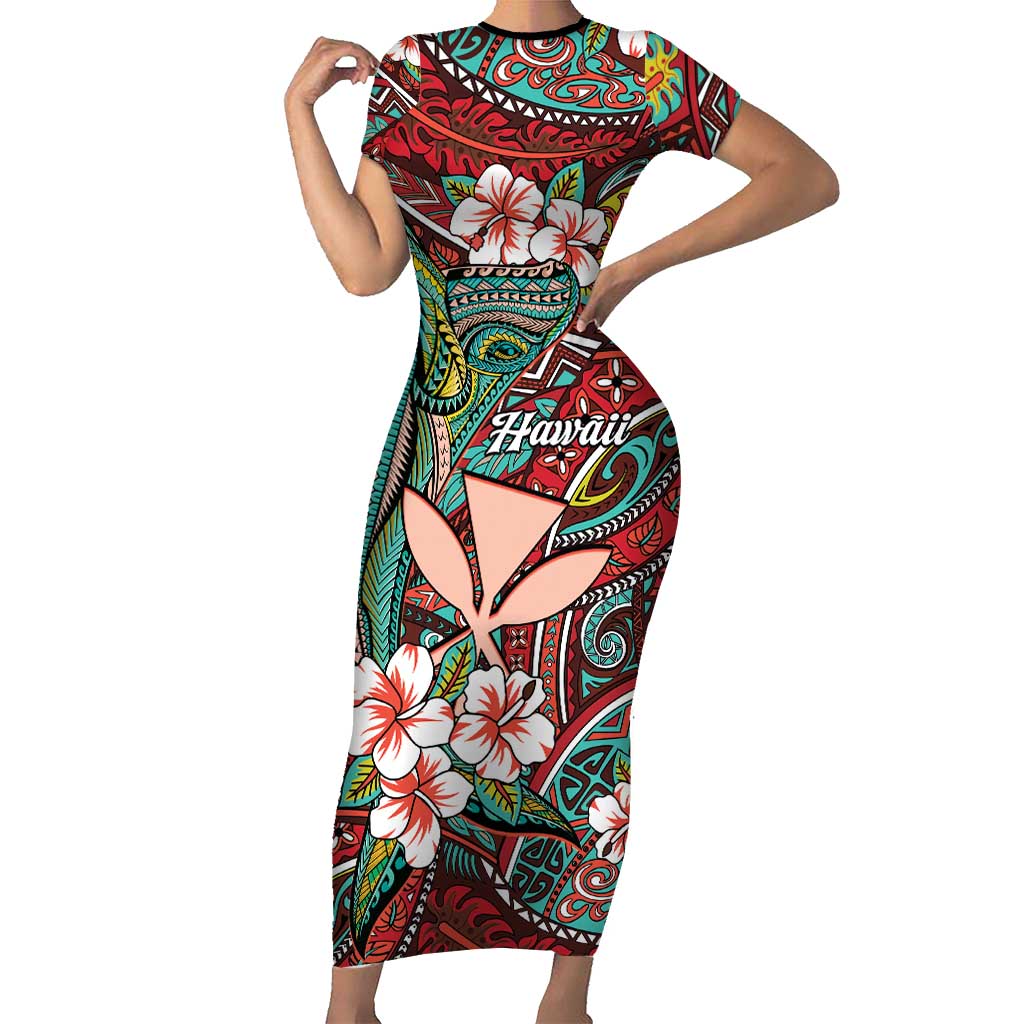 Personalised Hawaii Tribal Humpback Whale Short Sleeve Bodycon Dress Ulaula Hibiscus Seamless Pattern LT9 Long Dress Red - Polynesian Pride