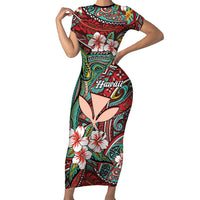 Personalised Hawaii Tribal Humpback Whale Short Sleeve Bodycon Dress Ulaula Hibiscus Seamless Pattern LT9 Long Dress Red - Polynesian Pride