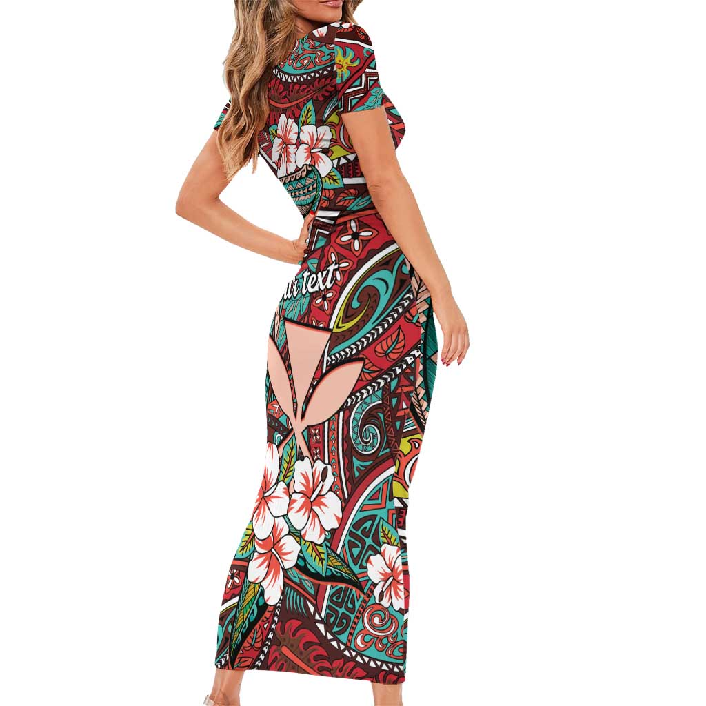 Personalised Hawaii Tribal Humpback Whale Short Sleeve Bodycon Dress Ulaula Hibiscus Seamless Pattern LT9 - Polynesian Pride