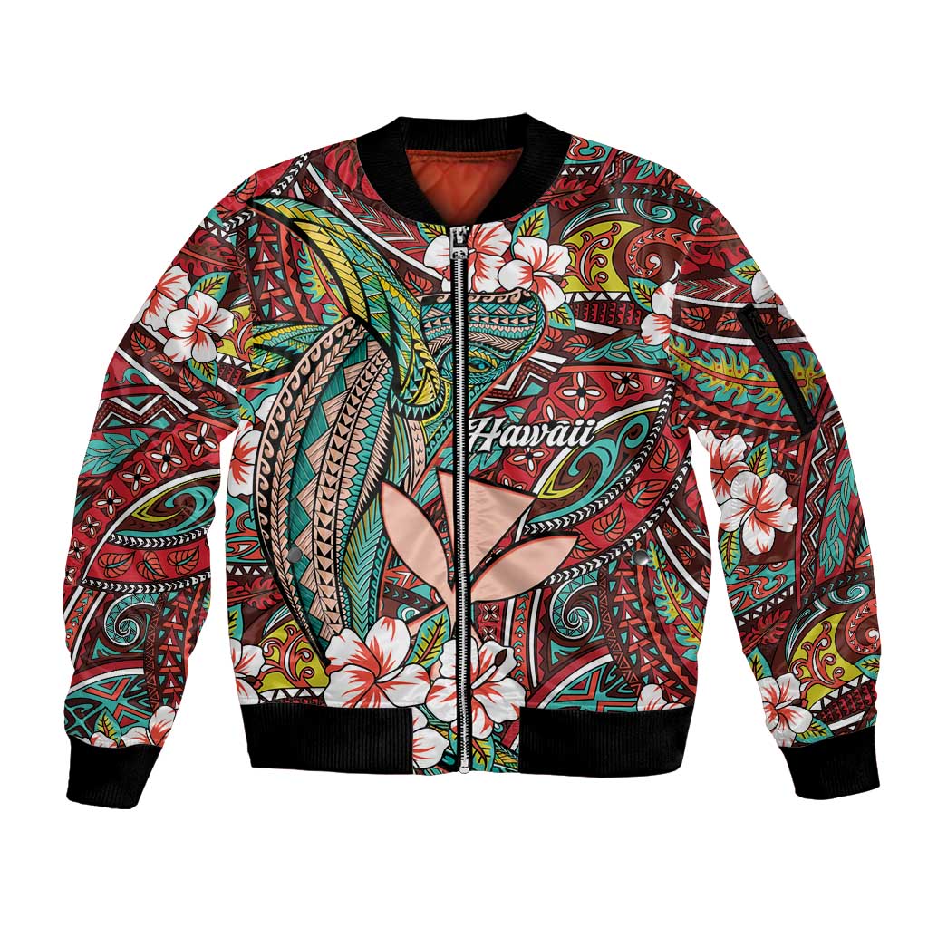 Personalised Hawaii Tribal Humpback Whale Sleeve Zip Bomber Jacket Ulaula Hibiscus Seamless Pattern LT9 Unisex Red - Polynesian Pride