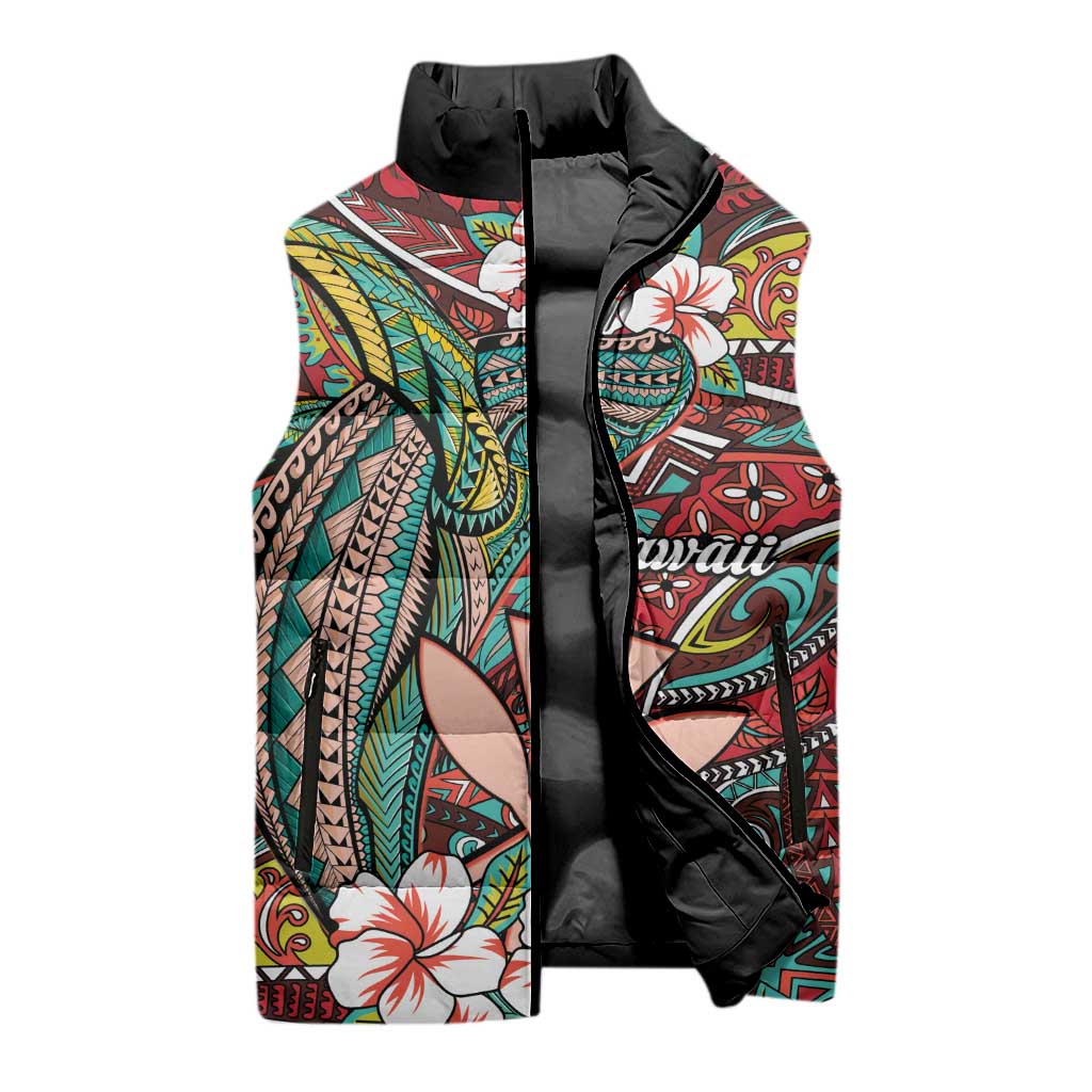 Personalised Hawaii Tribal Humpback Whale Sleeveless Puffer Jacket Ulaula Hibiscus Seamless Pattern LT9 - Polynesian Pride