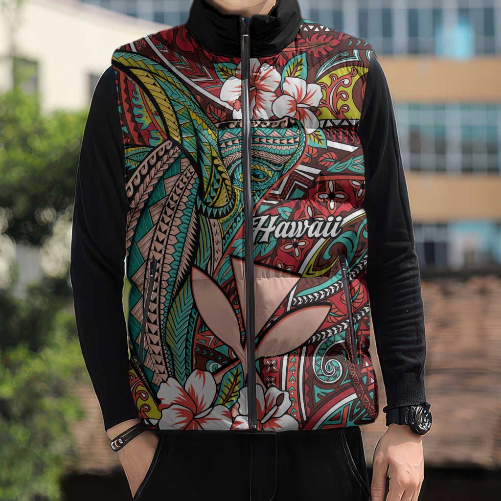 Personalised Hawaii Tribal Humpback Whale Sleeveless Puffer Jacket Ulaula Hibiscus Seamless Pattern LT9 - Polynesian Pride