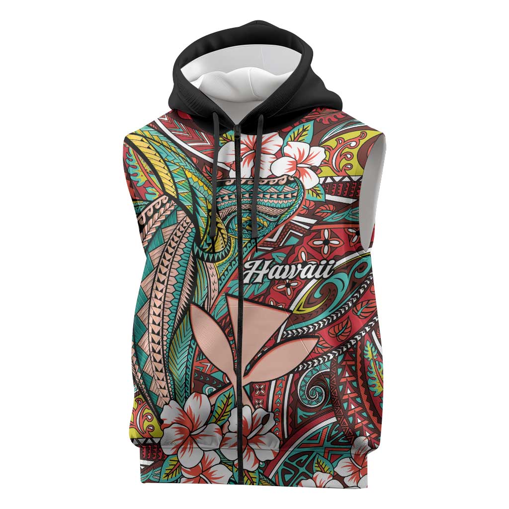 Personalised Hawaii Tribal Humpback Whale Sleeveless Zip Hoodie Ulaula Hibiscus Seamless Pattern LT9 Red - Polynesian Pride