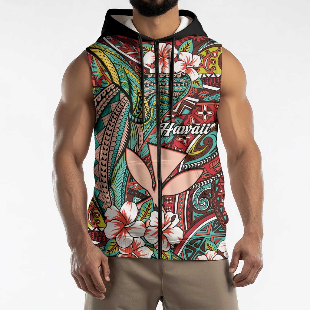 Personalised Hawaii Tribal Humpback Whale Sleeveless Zip Hoodie Ulaula Hibiscus Seamless Pattern LT9 - Polynesian Pride