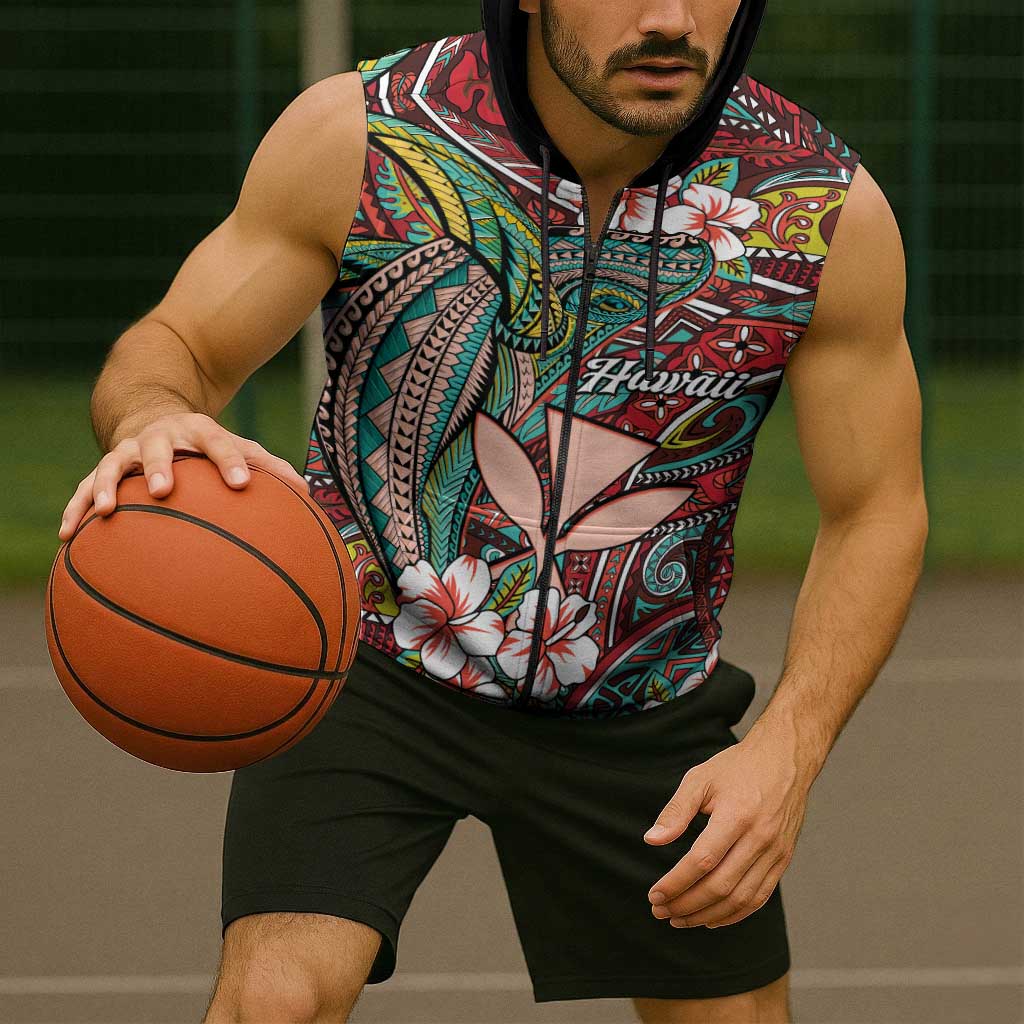 Personalised Hawaii Tribal Humpback Whale Sleeveless Zip Hoodie Ulaula Hibiscus Seamless Pattern LT9 - Polynesian Pride