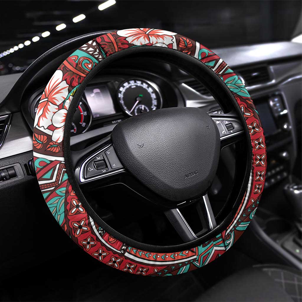 Hawaii Tribal Humpback Whale Steering Wheel Cover Ulaula Hibiscus Seamless Pattern LT9 Universal Fit Red - Polynesian Pride