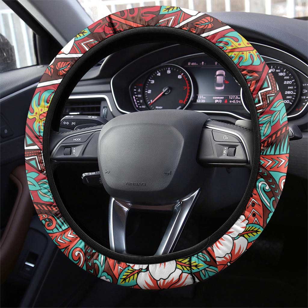 Hawaii Tribal Humpback Whale Steering Wheel Cover Ulaula Hibiscus Seamless Pattern LT9 - Polynesian Pride
