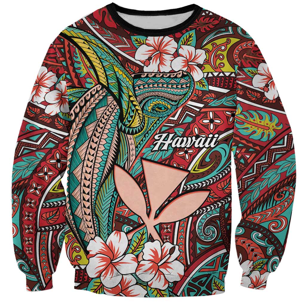 Personalised Hawaii Tribal Humpback Whale Sweatshirt Ulaula Hibiscus Seamless Pattern LT9 Unisex Red - Polynesian Pride