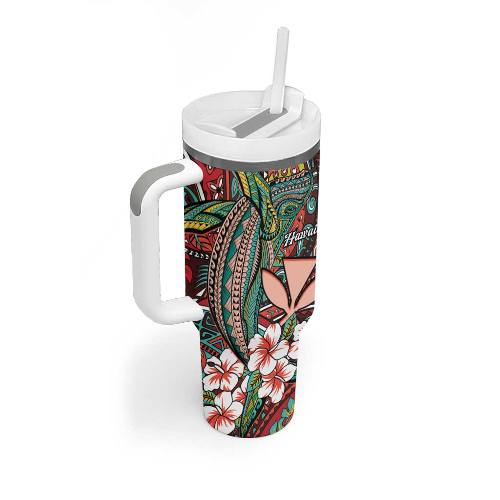 Personalised Hawaii Tribal Humpback Whale Tumbler With Handle Ulaula Hibiscus Seamless Pattern LT9 - Polynesian Pride