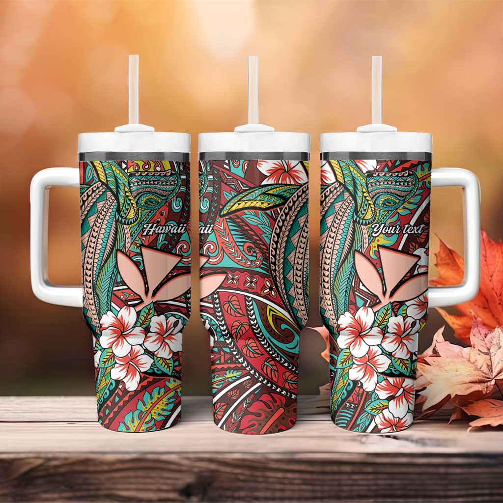 Personalised Hawaii Tribal Humpback Whale Tumbler With Handle Ulaula Hibiscus Seamless Pattern LT9 - Polynesian Pride